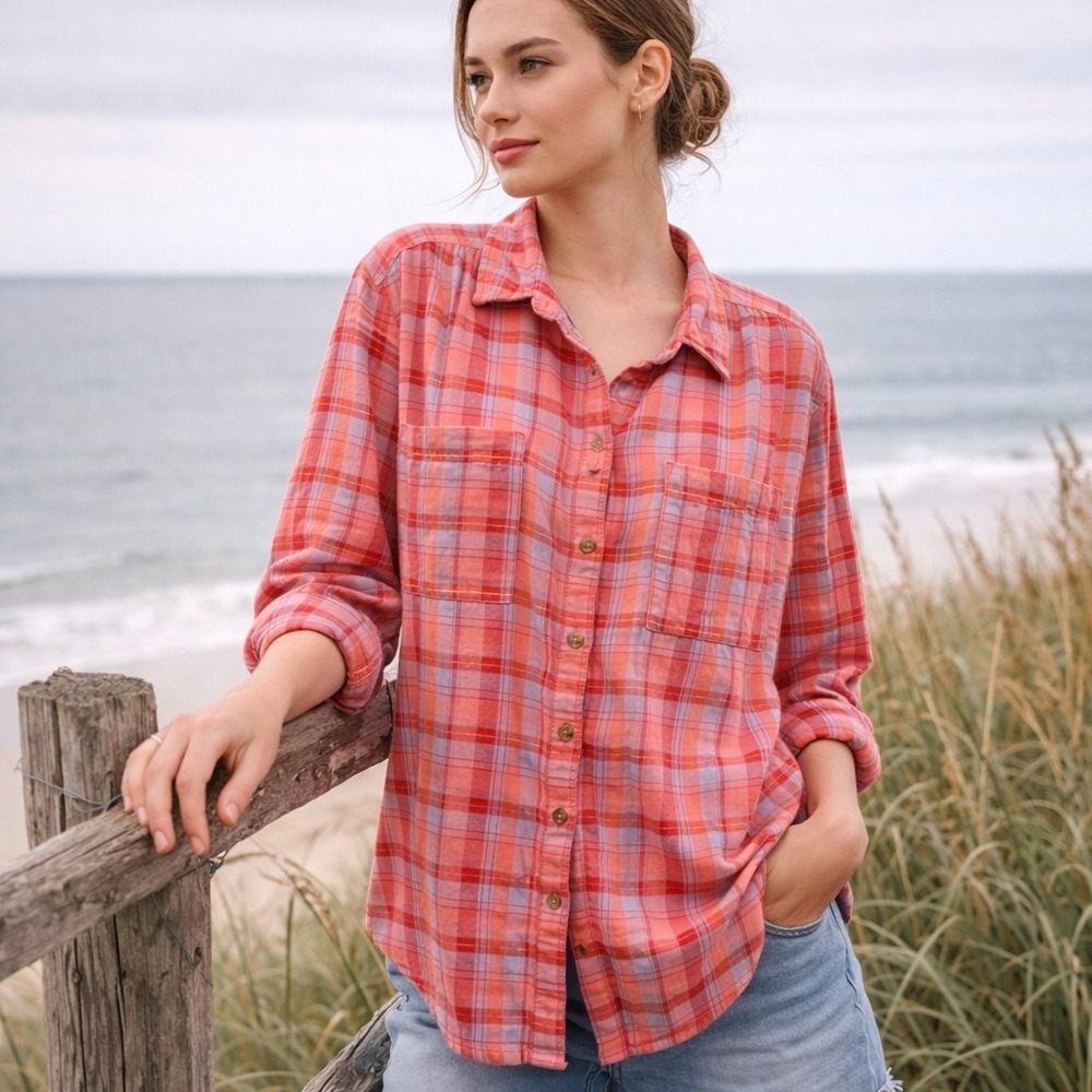 Seen Worn Kept Womens Plaid Button Up Shirt Size 10 Pink Red Lined Hi Lo Hem